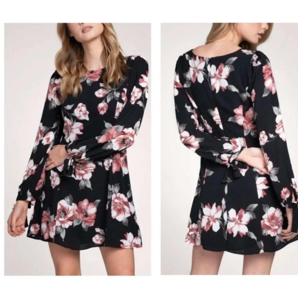 Everly Black Floral Mini Dress Long Sleeve S - Picture 1 of 8